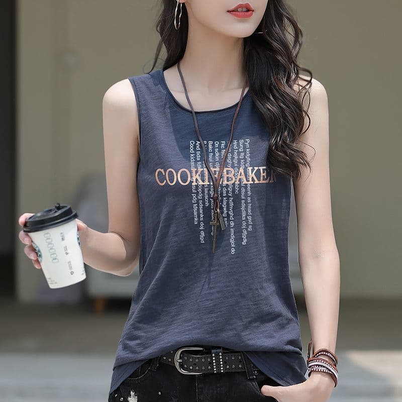 Summer Camisole Vest Women Korean Loose Fit Versatile Inner Layer Pure Cotton Short Sleeve Sleeveless T-Shirt Base Top Printed