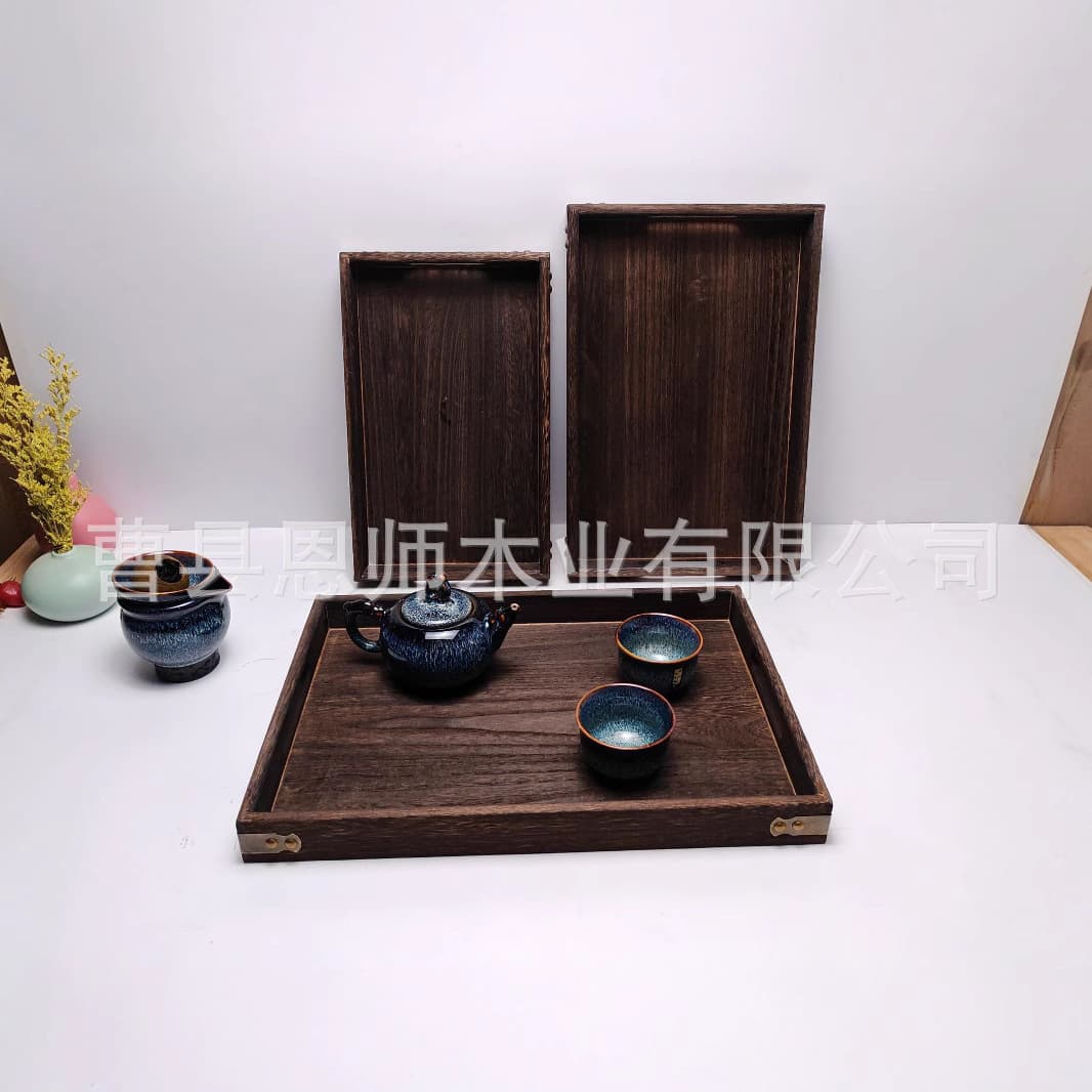Rectangular Solid Wood Tea Tray, Stove-Top Tea Roasting Snack Dried Fruit Combination Fruit Plate, Tea Water Tray Three-Piece Set, Paulownia Wood Tea Tray