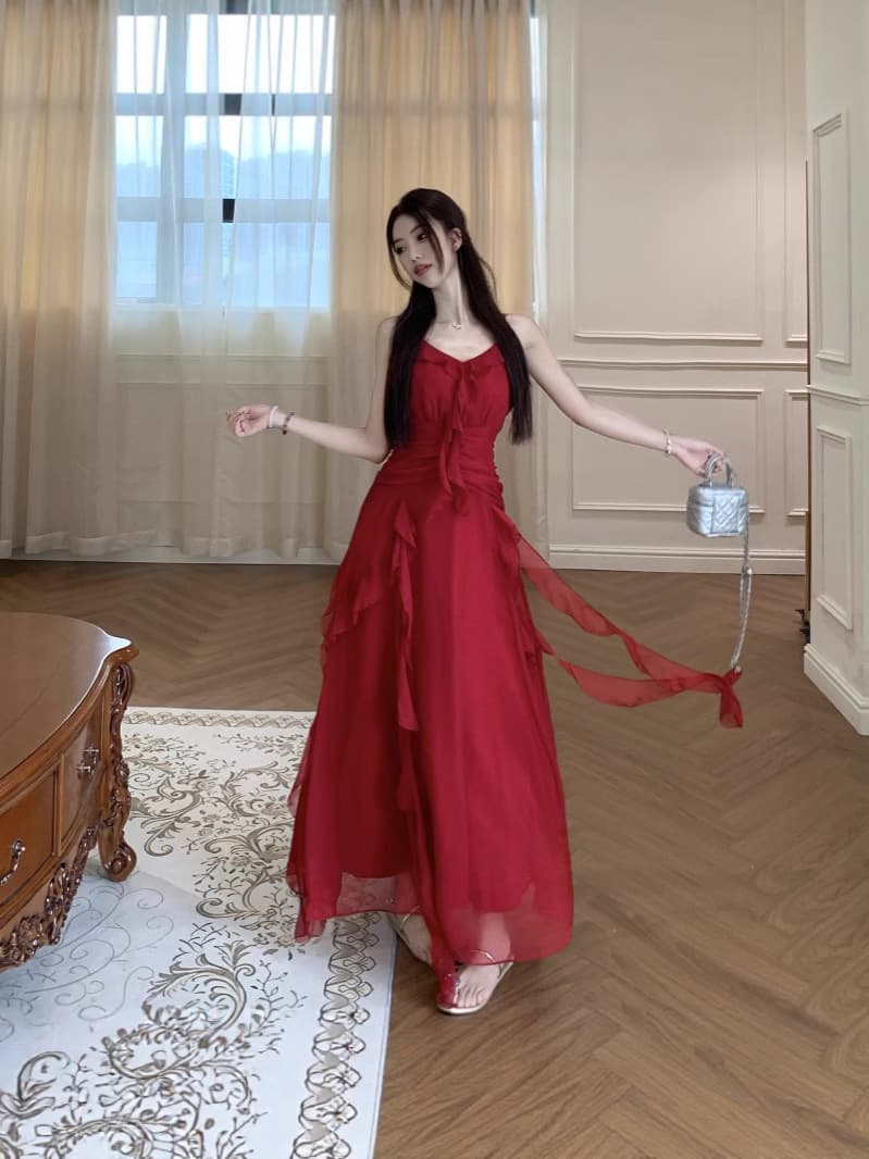Plus Size Women's French Vintage Red Long Dress Engagement Party Gown Waist-Slimming Ruffle Dress