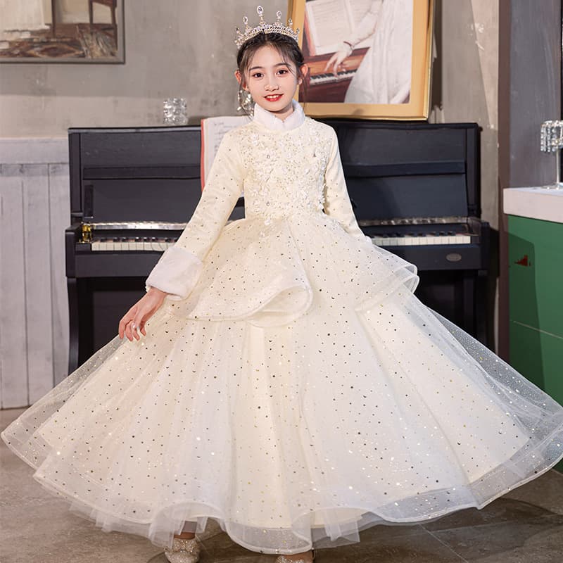 Champagne-colored foreign-style girl's dress French light luxury niche children's birthday princess dress flower girl wedding dress piano performance