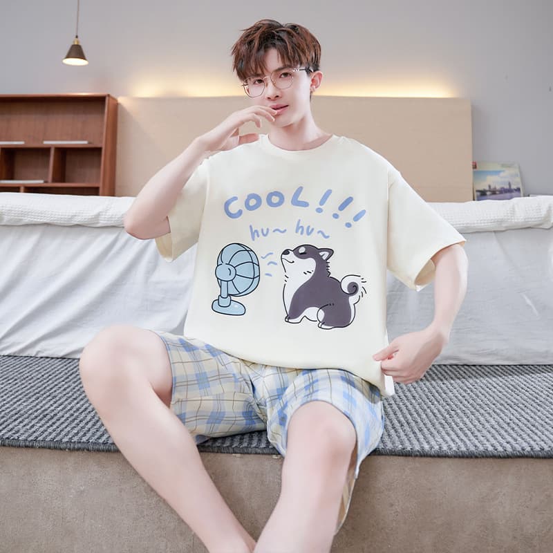 Men's Summer Pajamas, Pure Cotton, Thin Short-Sleeved Cartoon Husky Plus Size Youth Home Clothes Student Set