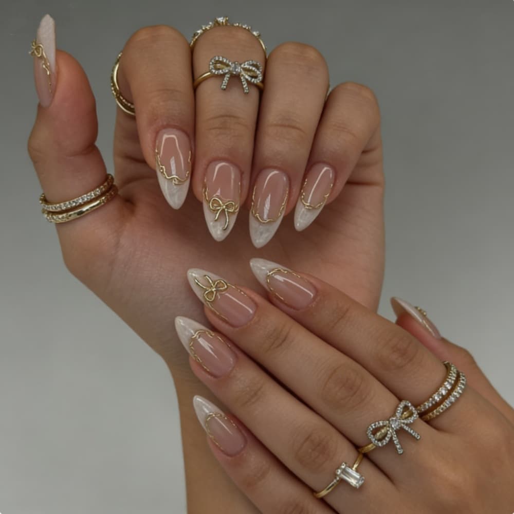 24pcs Box Wholesale French Gold Rim Bow Press-On Nails Almond Shape Whitening Women Press-On Nails Bulk