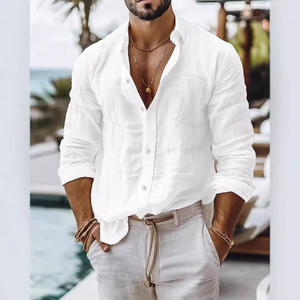 Men's solid color cotton linen shirt casual style long-sleeved business casual shirt cross-border independent station