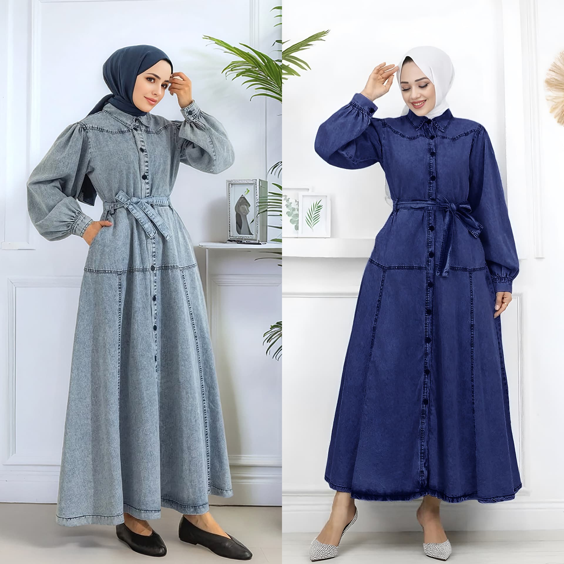 M329# Cross-border Hot Selling Turkish Women's Denim Dress Casual Loose Lantern Sleeve Patchwork Maxi Dress