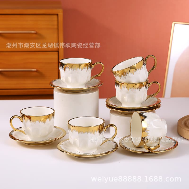 Cross-border Ceramic Coffee Cup and Saucer Set European Style Creative Gold-trimmed Ceramic Cup Afternoon Tea British Style 6 Cups and Saucers Business Gift