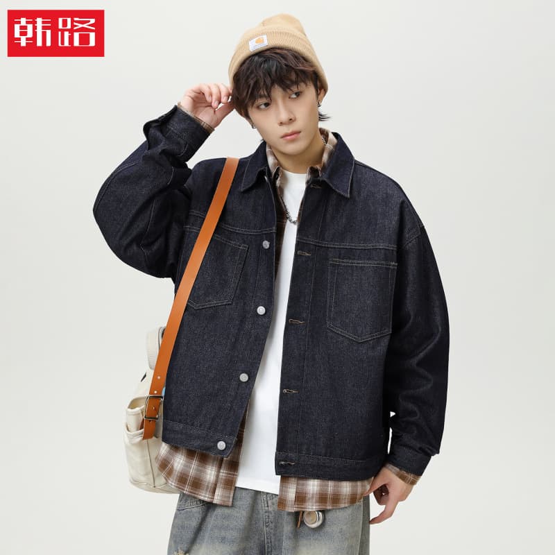 Raw Denim Double-Pocket Workwear Denim Jacket for Men, Fall Style, American Vintage Premium Lapel Loose Fit Coat
