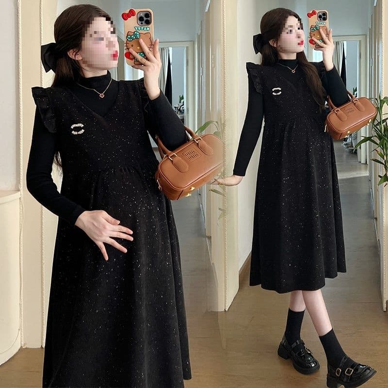Maternity Fall/Winter Suit: Elegant, Loose-fitting, Slimming, Chanel-inspired Starry Sky Vest Dress Two-Piece Winter Dress Set