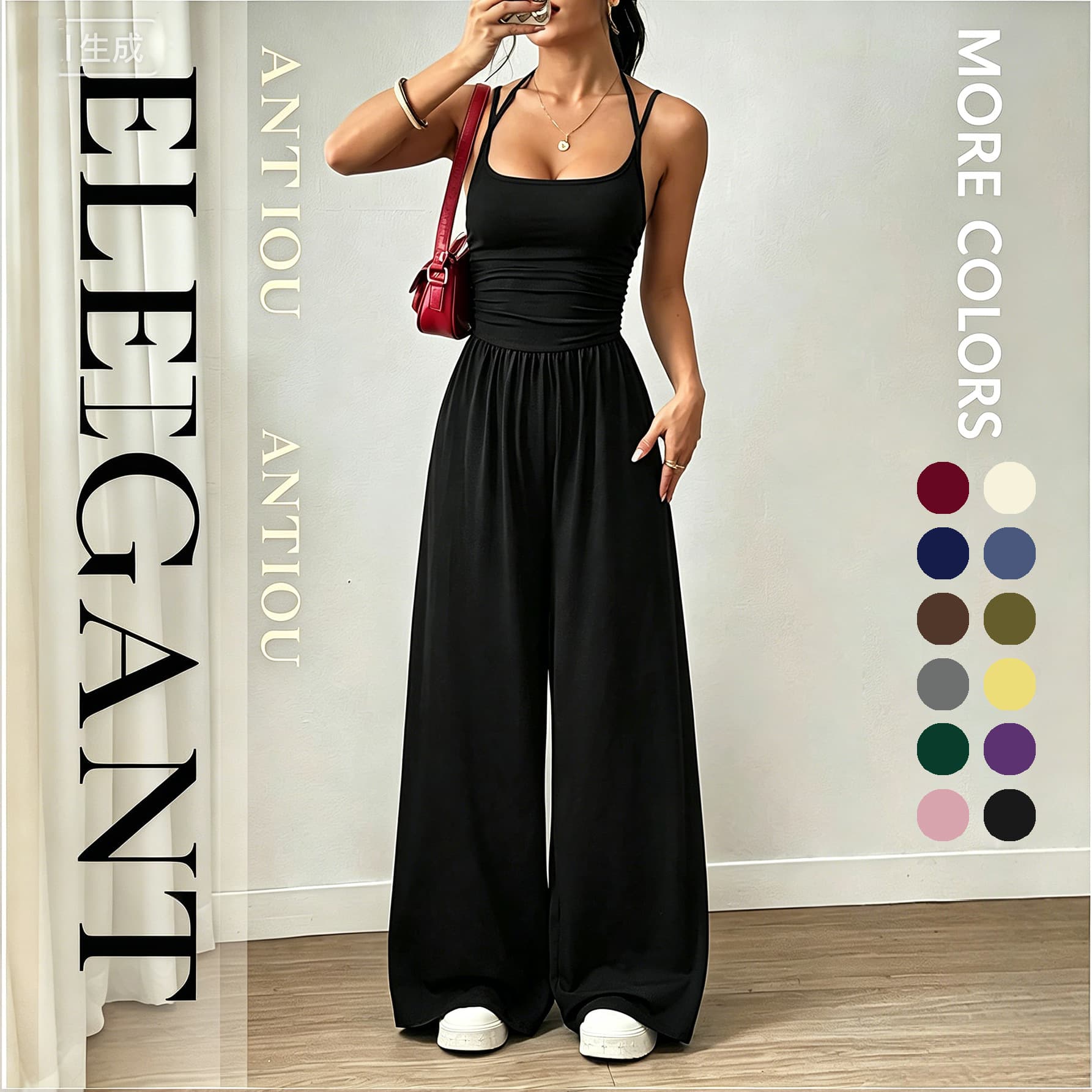 2026 Jumpsuit Strap Waist Straight Sleeveless Flared Legs Women's Floor-Mopping Straight Resort Style Jumpsuit