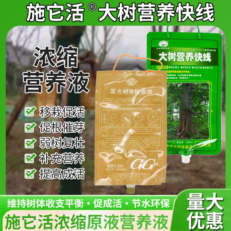 Guoguang tree infusion bags with concentrated nutrient solution for quick recovery, promoting vitality in transplanted trees.