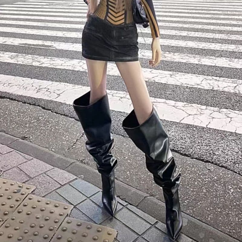Sexy American Style High Heel Long Boots Women's Large Tube Wrap Retro Knight Boots Pointed Toe Thin Heel over Knee Boots