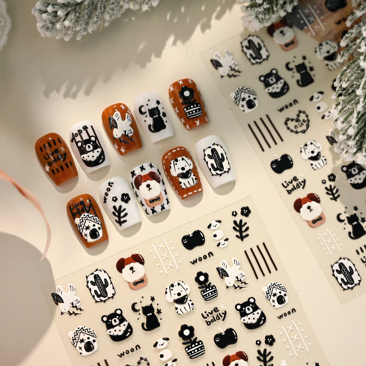 Trendy Cross-Border Black and White Cute Pet Nail Stickers M1250 Sweet Cool Style Dog Bear Floral Nail Stickers