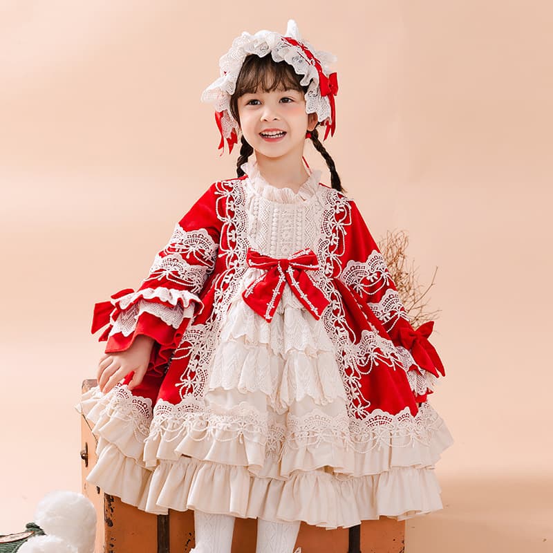 Original Design 2025 New Winter Fleece Red New Year Dress for Girls Lolita Princess Gown