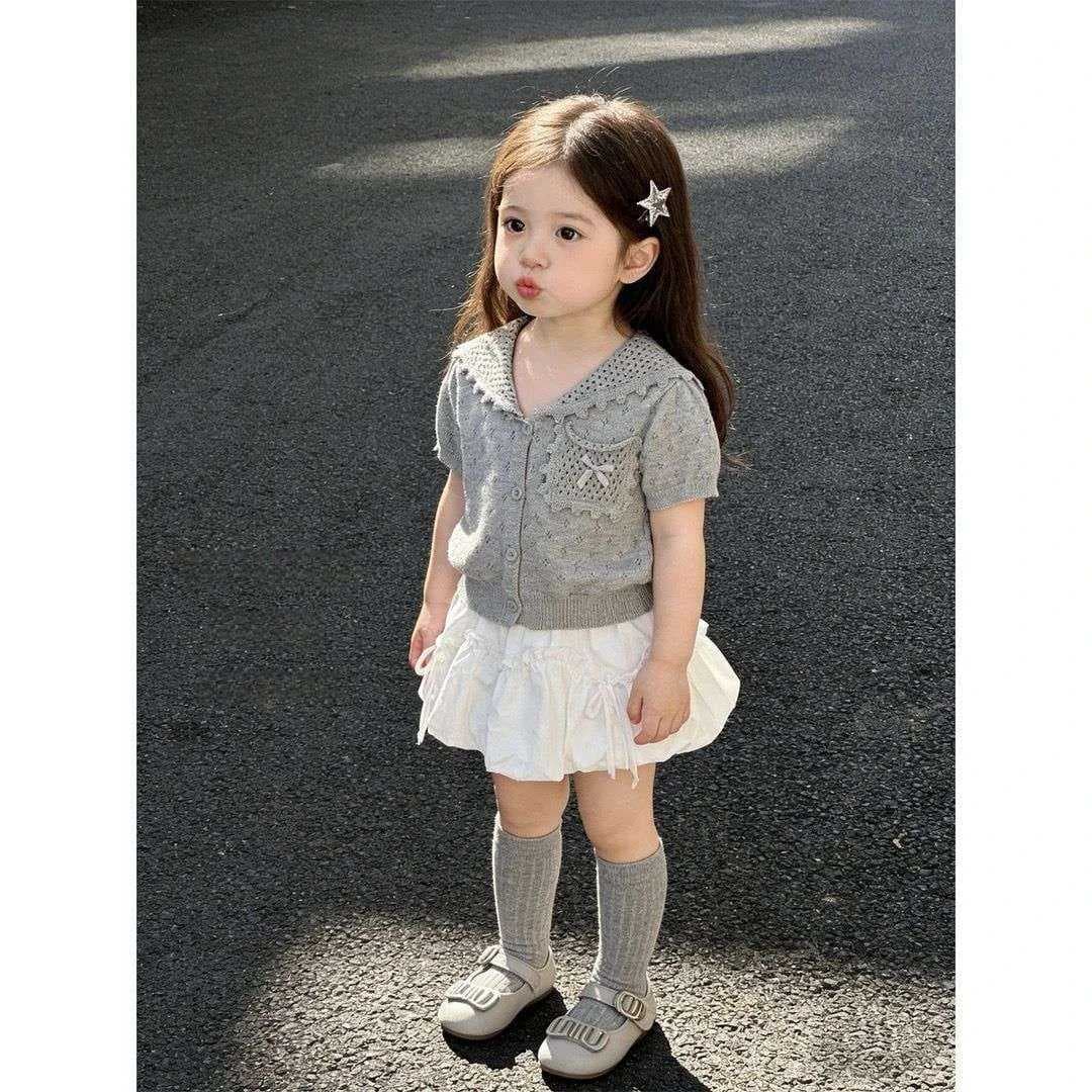 【Tian Xiaosi】Original! Girls miu style Korean summer suit knitted hollow short-sleeved ballet skirt