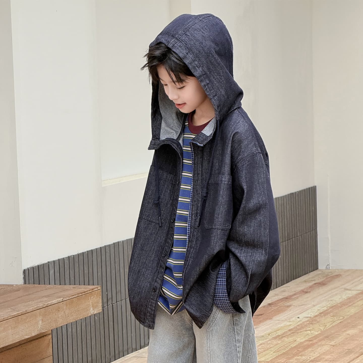 Boys Denim Jacket Autumn Winter 2026 New Style Big Kids Fashion Loose Hooded Coat Children Clothes Wholesale