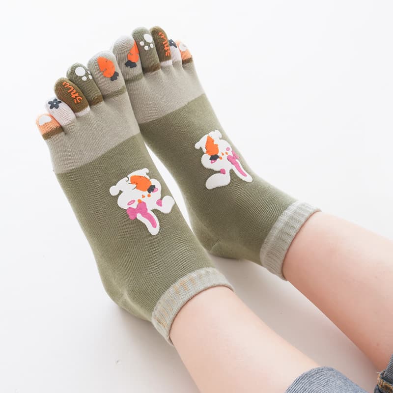 New Women's Five-Toe Cotton Cute Cartoon Spring and Summer Toe Socks Short Breathable Moisture-Wicking Thin Socks