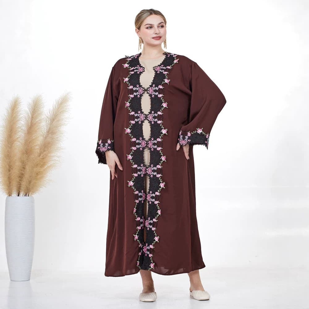 F499 Women's Cross-Border Embroidered Cardigan Single Jacket Fashion Outerwear with Lace Trim Patchwork Long Dress In Stock
