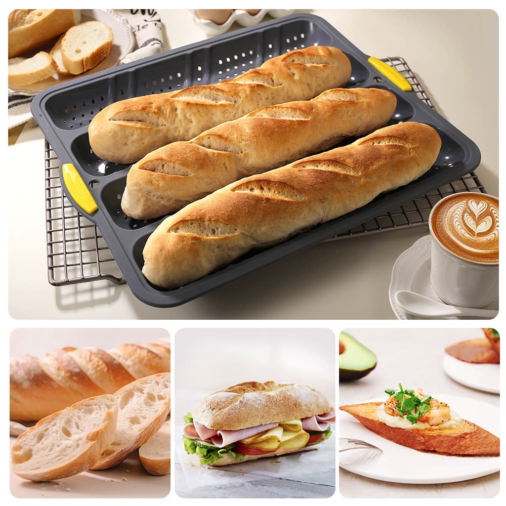 4-Slot Large Silicone Baguette Mold with Iron Frame, Non-Deforming, Non-Stick Perforated, Easy Release French Bread Baking Tray