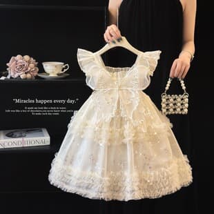 Girls Princess Dress Summer 2026 New Exquisite Stylish White Gown Children Butterfly Wings Dress