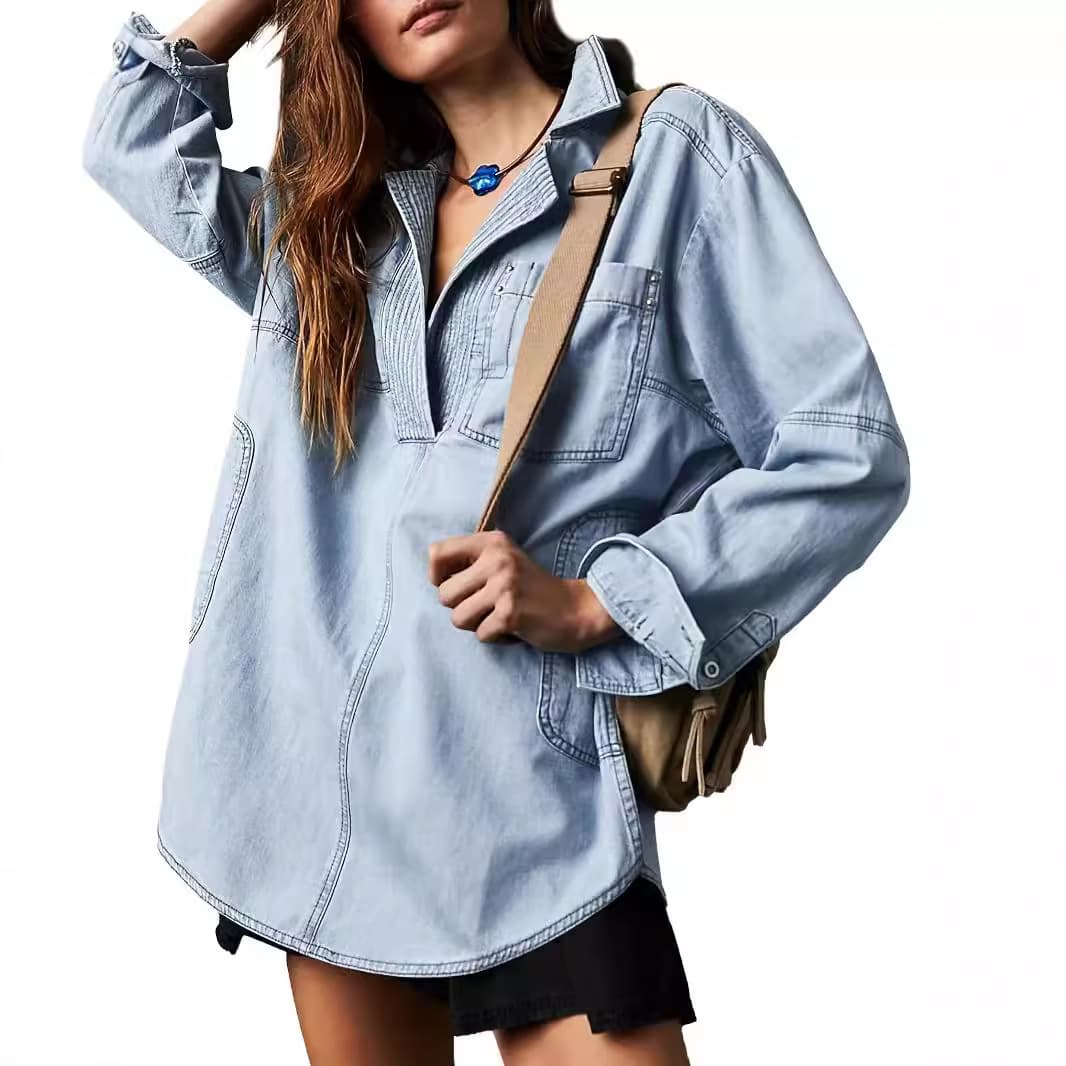 Cross-Border Denim Jacket New European and American Long Sleeve Jacket V-Neck Fashion Design Casual Jacket