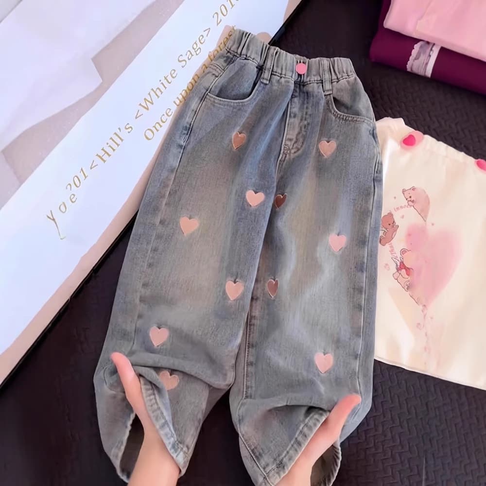 Spring and Autumn New Girls' Denim Straight-Leg Pants Wide-Leg Loose Fit Medium and Large Children's Trousers Sweet Casual Fashion