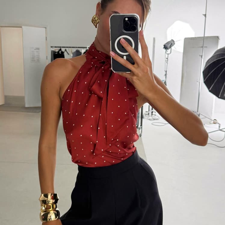 Retro Polka Dot Tie-Neck Halter Top Women's European and American Cross-Border Design Summer Slim Fit American Hot Girl Top