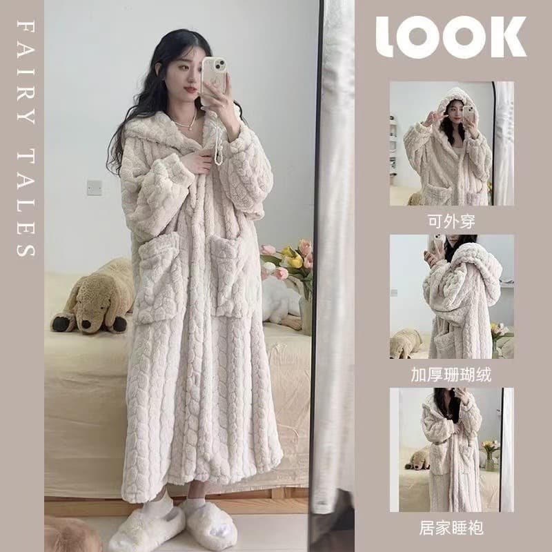 Women's Hooded Coral Fleece Bathrobe, Autumn and Winter Thick Warm Homewear Sleep Dress, Coral Fleece Robe