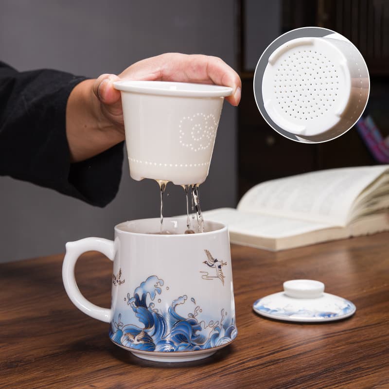 Ceramic Mug National Trend Three-Piece Set with Filter Cup Office Tea Separation Cup Festival Business Gift Cup