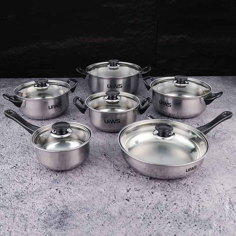 Cross-border supply new black handle stainless steel 12-piece pot set for kitchen induction cooker cooking pot six-piece set