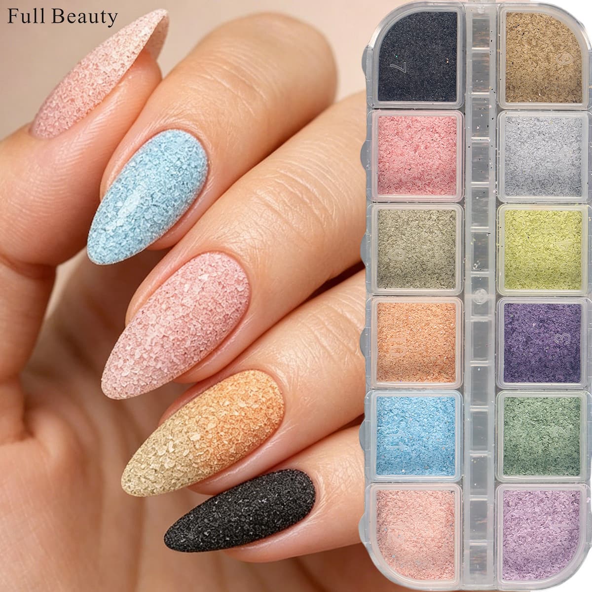 FULL BEAUTY Cross-border Nail Art Glitter Powder 12-Grid Morandi Crushed Diamond Tweed Powder Sugar Nail Glitter