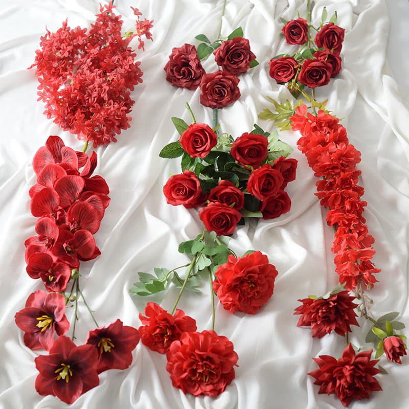 Burgundy theme artificial flower wedding hotel layout guide flower arrangement rose fake flower material home decoration hosting