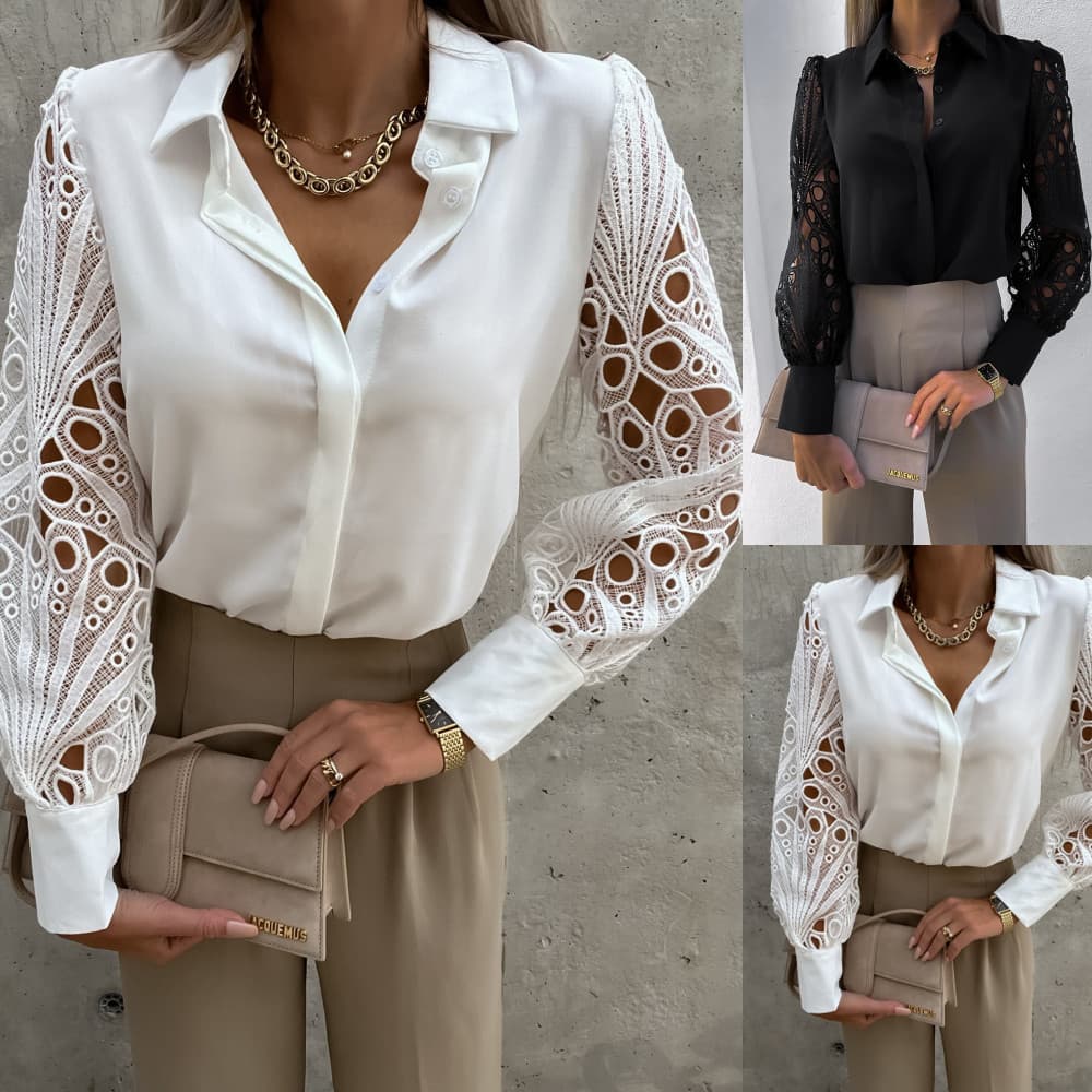 2023 Amazon Europe and America Cross-Border Spring/Summer New Hot Selling Women's Lace Patchwork Blouse Shirt