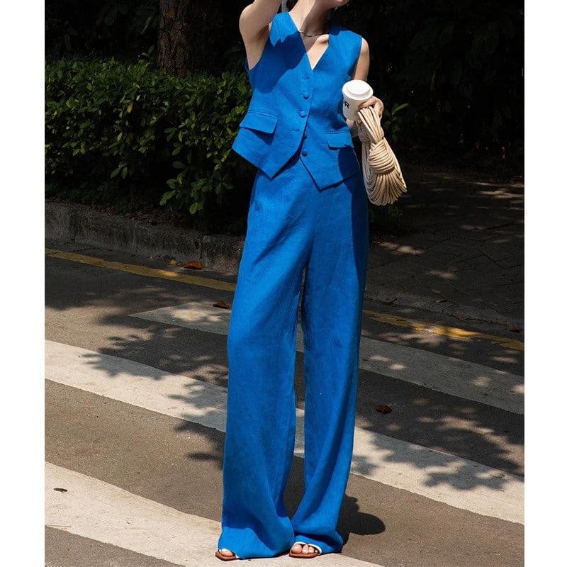 New Sense Blue Vest Set Women's Summer French Noble Commute Sleeveless Vest Wide Leg Pants Two-Piece Set New