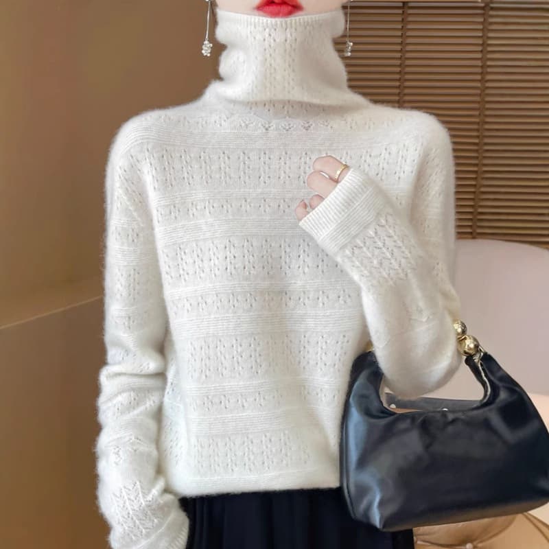 One-Piece Knit Stacked Collar 100% Wool Sweater for Women, Hollow-Out Autumn/Winter New High-Neck Knit Base Layer, Versatile and Loose Fit