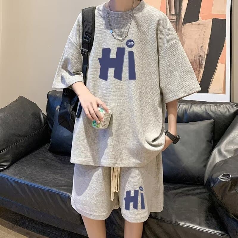 Waffle Short Sleeve T-Shirt Men's Summer Oversized Heavyweight Tee with Five-Point Shorts Big Size Set