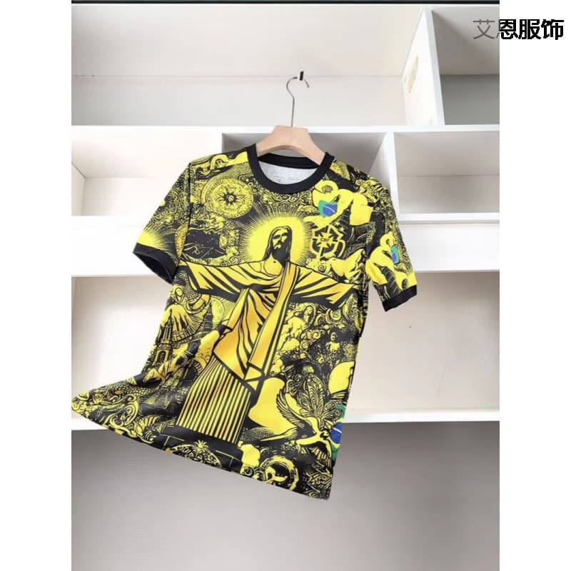 Cross-Border Popular 3D Digital Printing Gz Men's Football T-Shirt Short-Sleeved Sportswear Fan Version Brazil Black and White