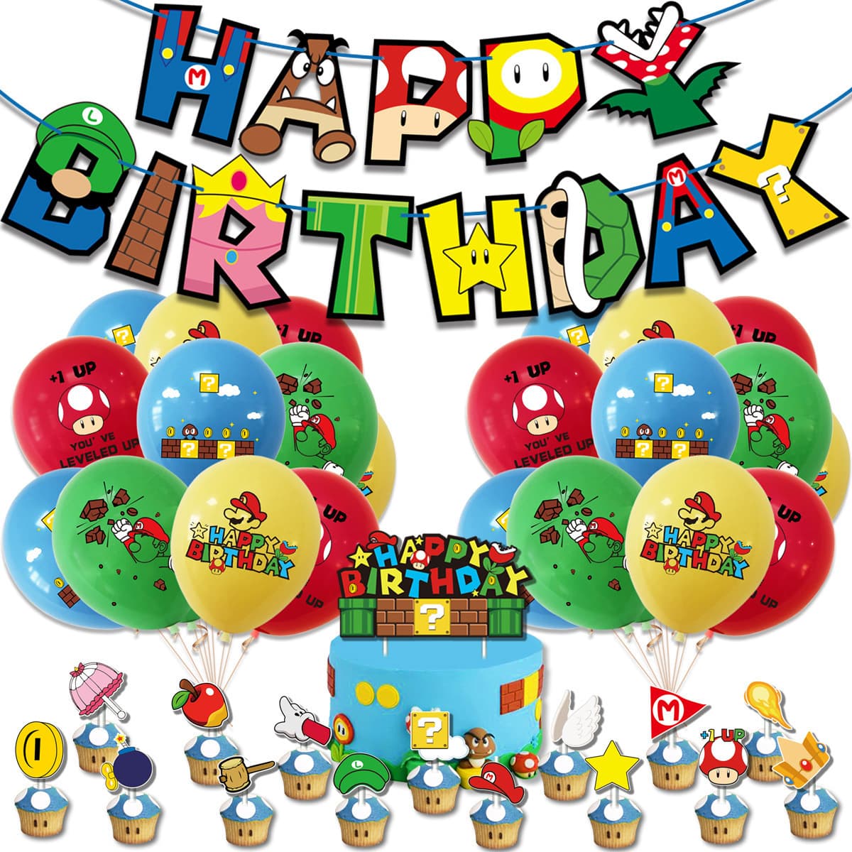 Mario Theme Party Decorations Game Party Birthday Banner Cake Toppers Balloon Set Supplies