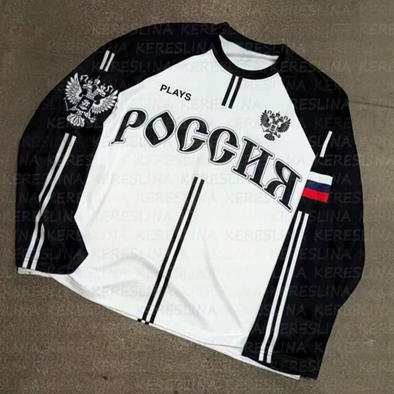 Cross-border new American retro flag aesthetic long-sleeved jersey T-shirt y2k loose sports high street round neck top