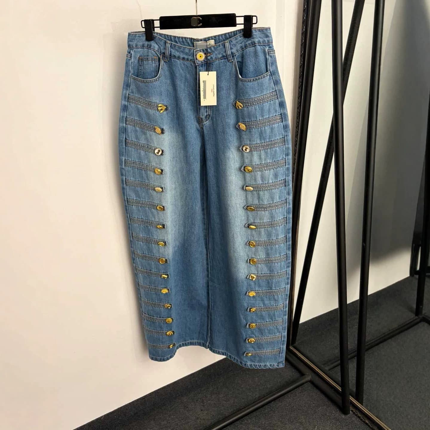 Nanyou High-End Export Style New Car-Line Embroidery Double-Breasted Novelty Gold Buttons High-Waist Wide-Leg Denim Long Pants for Women