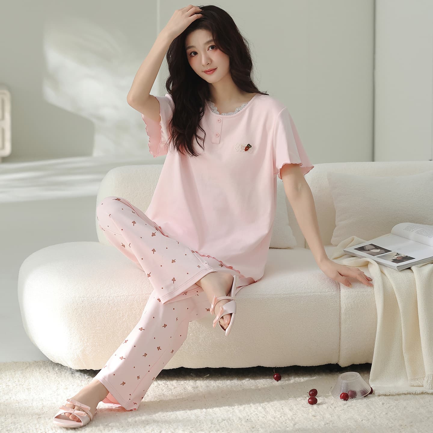 Short Sleeve Women's Pajama Set 100% Cotton Long Pants Summer Casual Homewear with Built-in Bra