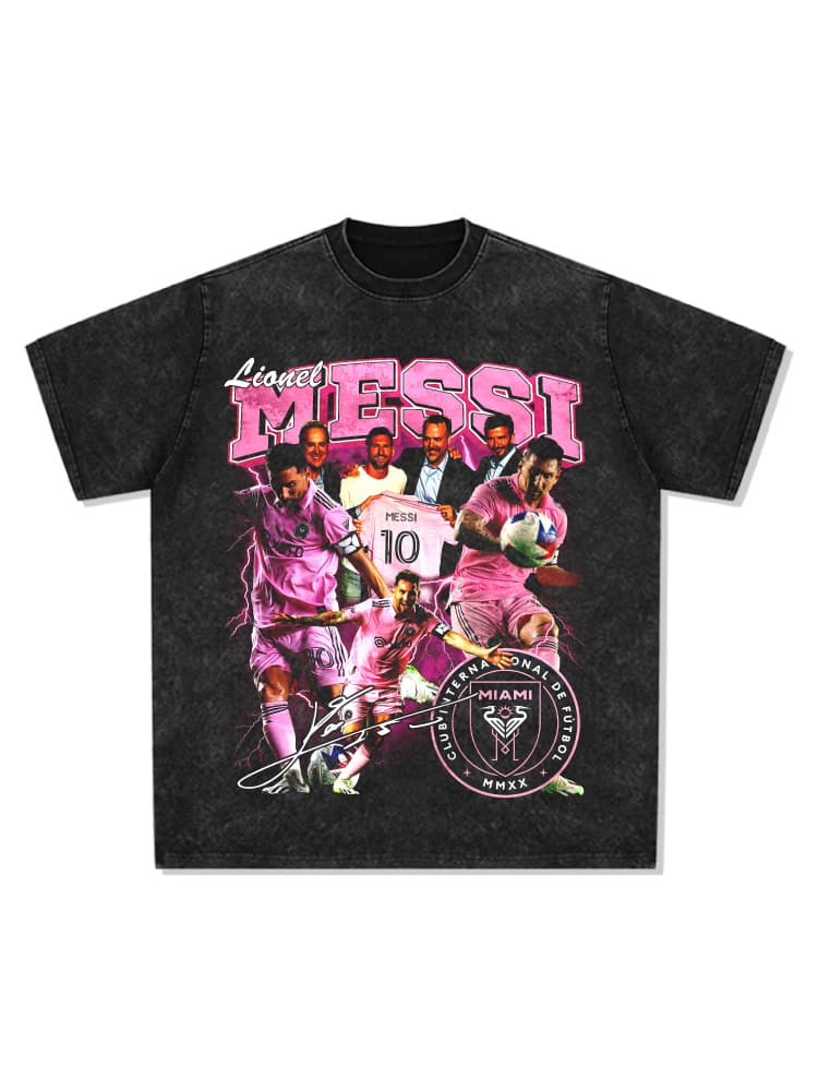 American Vintage Messi Printed Short Sleeve T-Shirt Long Sleeve Trendy Vintage Versatile Round Neck Heavyweight Small Collar