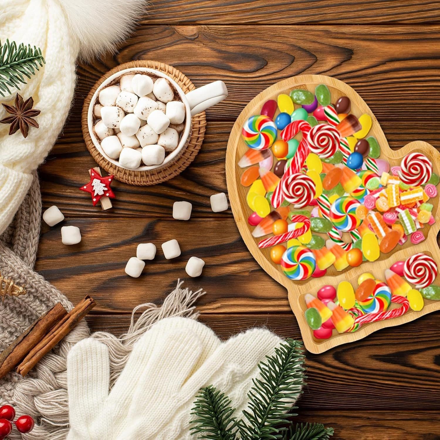 Bamboo Tray with Christmas Vibe Glove Charcuterie Board Cheese Board Home Snack Biscuit Candy Plate
