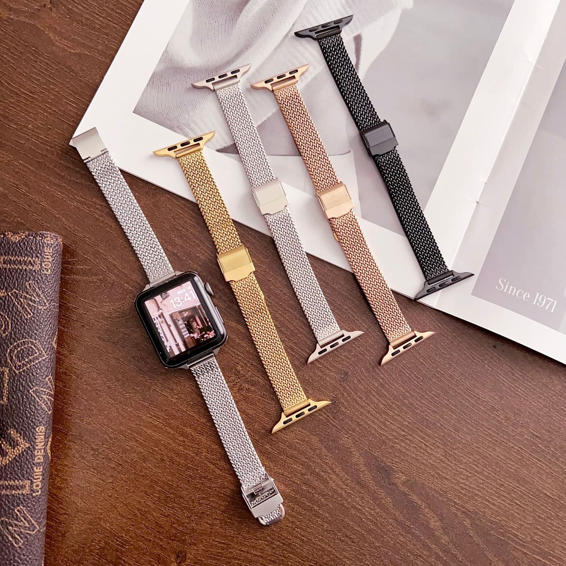 Metal Watch Band for Apple Watch Series 6/7/8/9, 42mm 46mm Wheat Ear V-Shaped Clasp Slim Waist Band