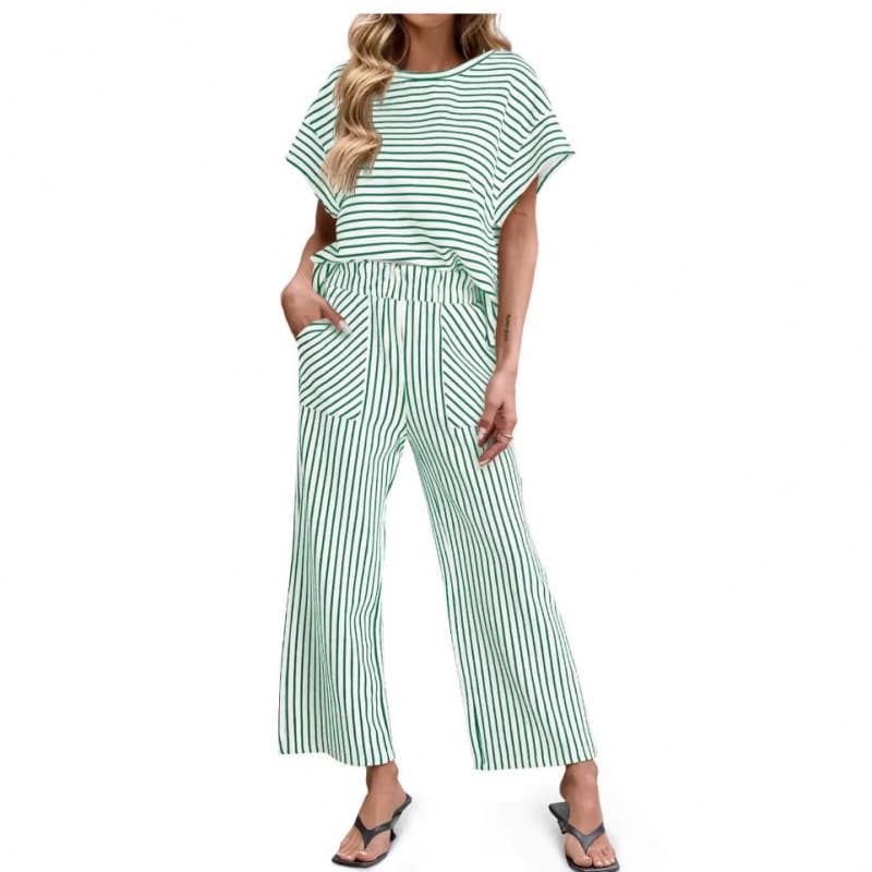 2026 New Women's Striped Two-Piece Set Short-Sleeve T-Shirt Wide-Leg Pants with Pockets Set for Women