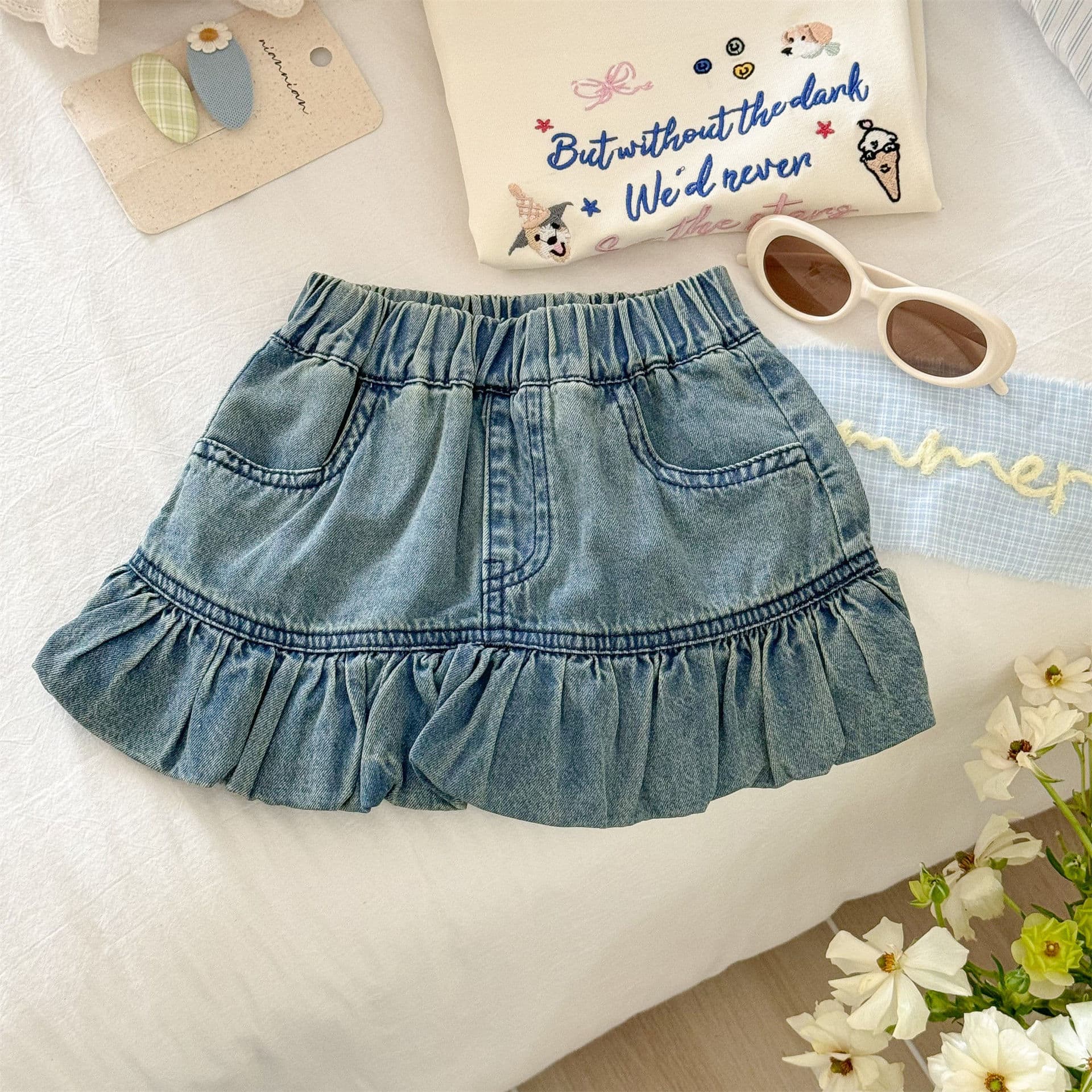 Tian Xiaosi Girls Half Denim Skirt New Summer Baby Short Skirt Ruffled Toddler Bodycon Skirt Fishtail Skirt