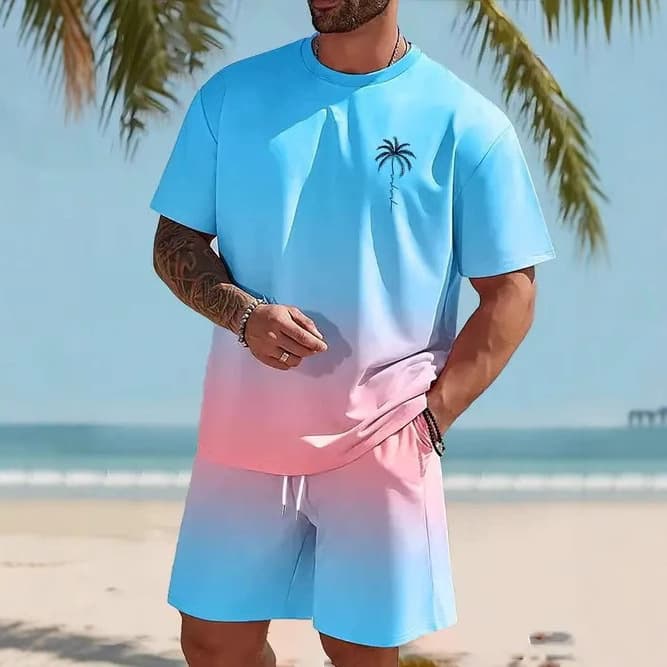 Summer Fashion Classic Short Sleeve Shorts Men's Beach Vacation Style Gradient Coconut Tree Print T-Shirt Set