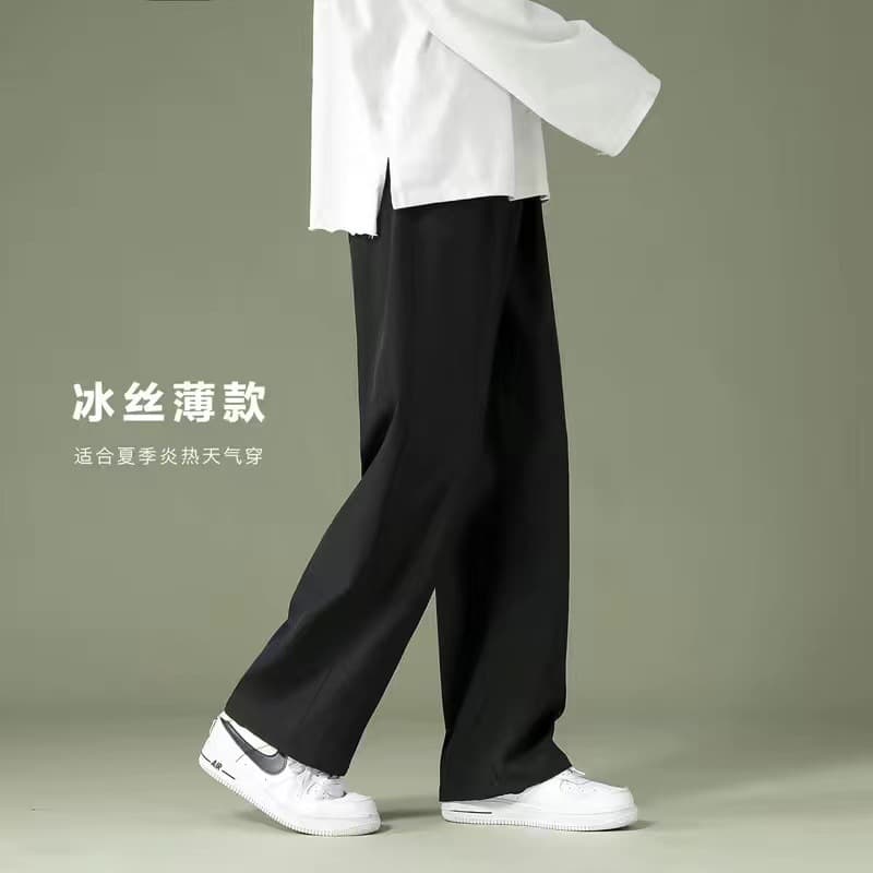 FUIV Summer Thin Ice Silk Pants for Men Straight Leg Loose Nine-Tenths Length Student Trousers Wide Leg Casual Pants