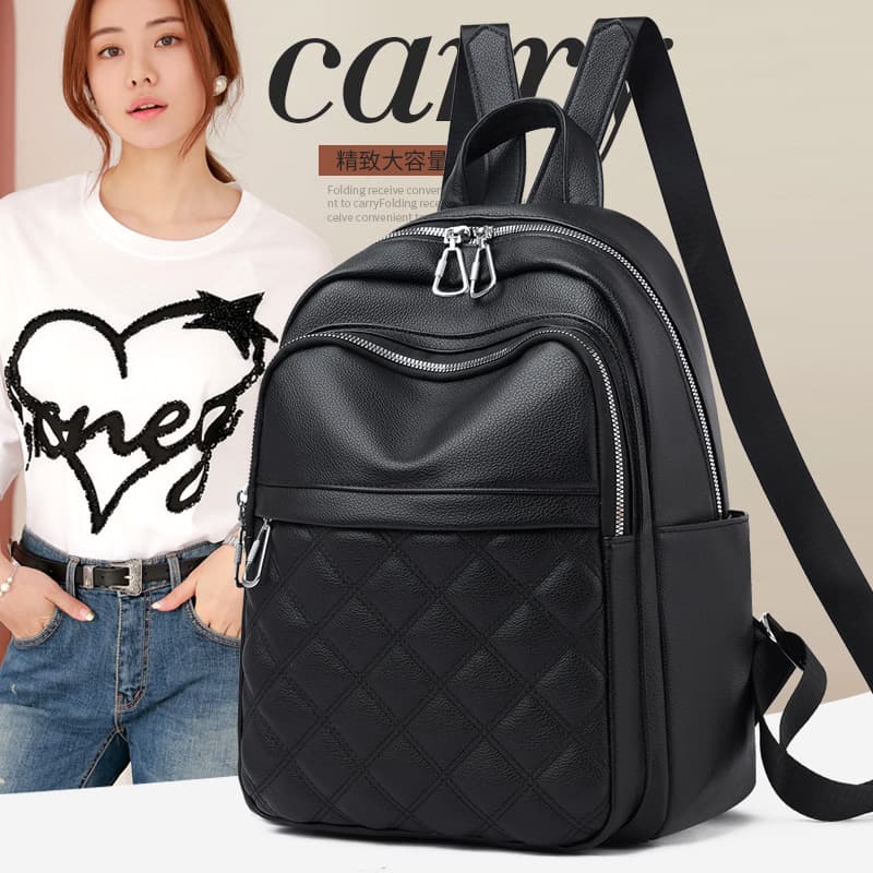 Soft Leather Lightweight Ladies Backpack Fashionable Korean Style Spring Summer New Model Diamond Stitching Simple Solid Color