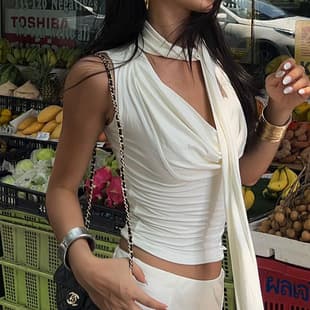 AC183 Sash Draped Neck Sleeveless Vest Top for Women, Summer Waist-Slimming Sexy Purple Tie-Up Top