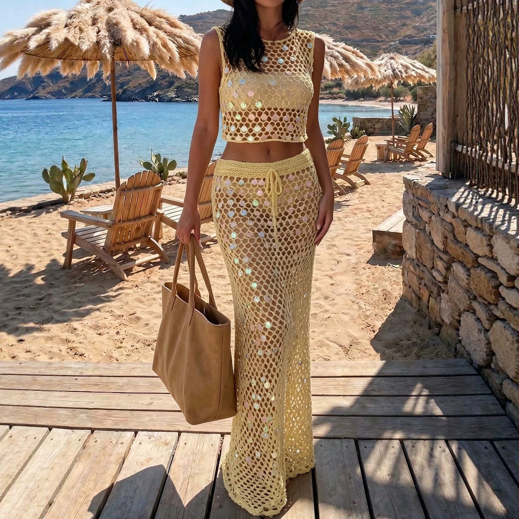 Vacation Style Heavy Sequin Hollow Hand-Hook Set for Women: Round Neck Sleeveless Crop Top + High-Waist Tie-Back Bodycon Long Skirt