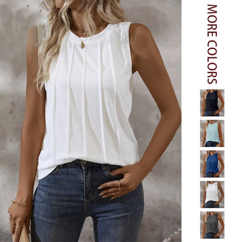 2026 Spring/Summer New Solid Color Round Neck Pleated Knit Vest Top for Women, In Stock for Amazon Cross-Border Trade